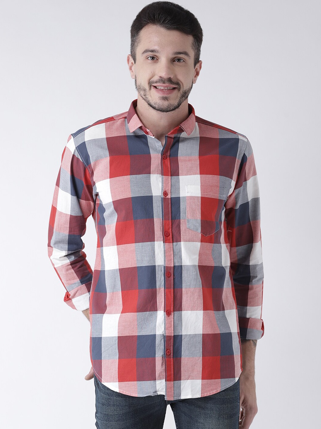 

Routeen Men Red & Navy Blue Slim Fit Checked Casual Shirt