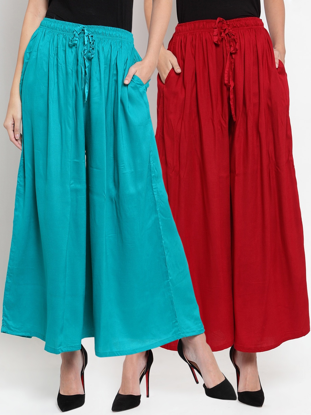 

Clora Creation Women Pack Of 2 Turquoise Blue & Red Solid Wide Leg Palazzos