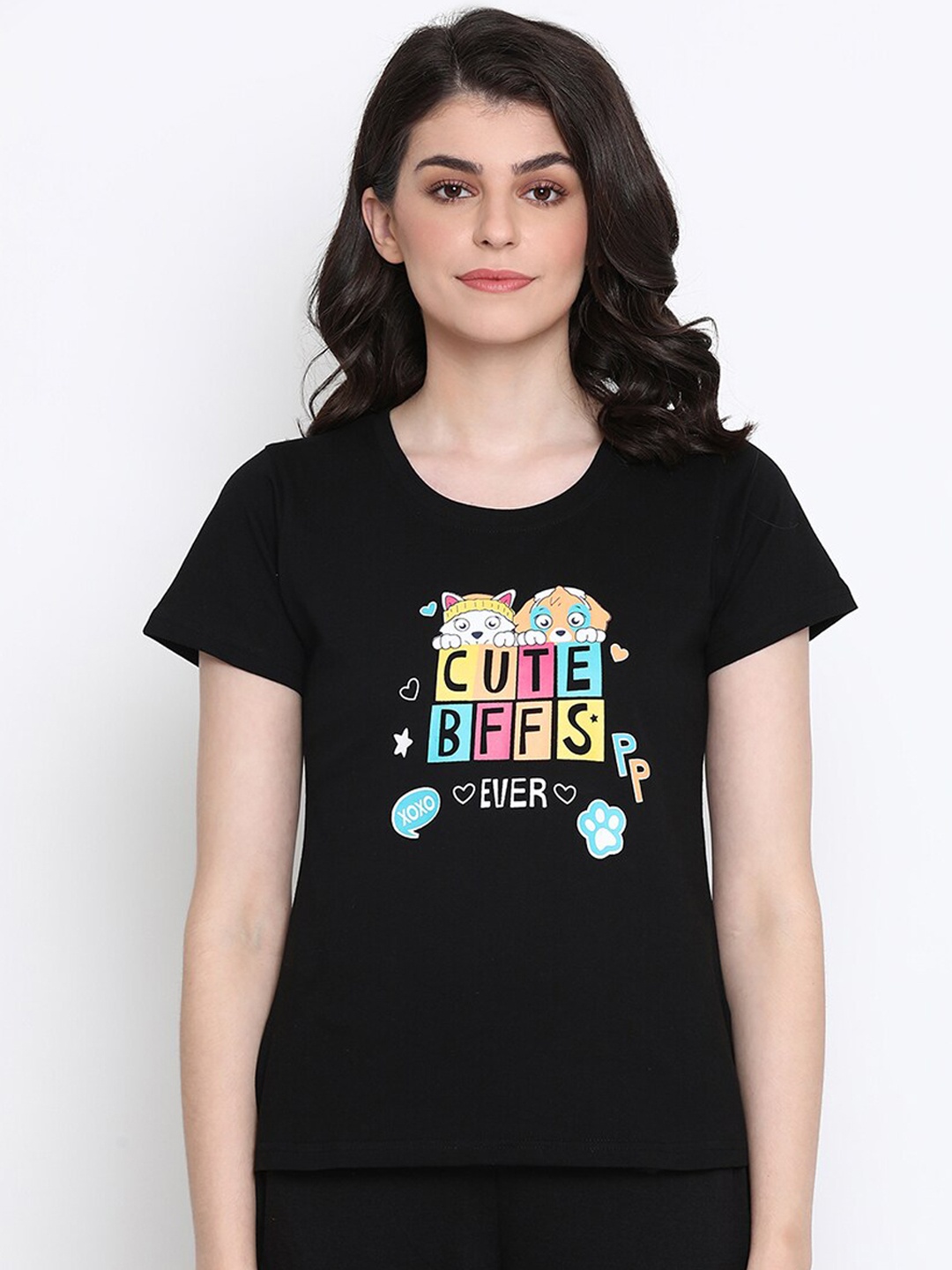 

Clovia Women Black & Yellow Printed Lounge T-shirt