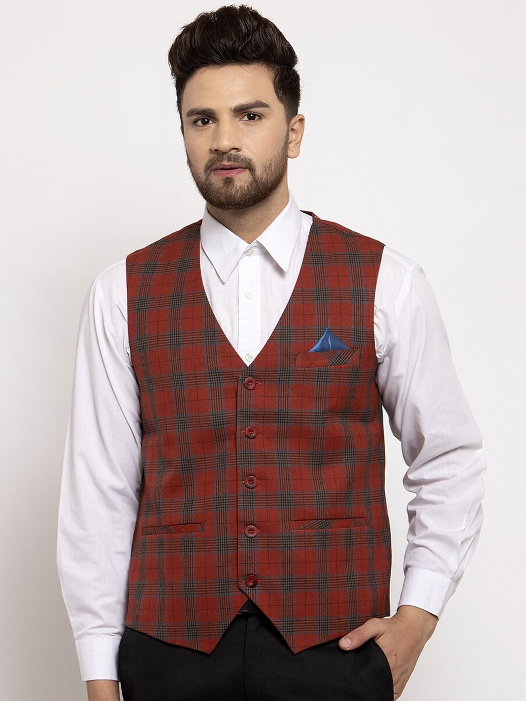 

NEUDIS Men Maroon & Blue Checked Waistcoat