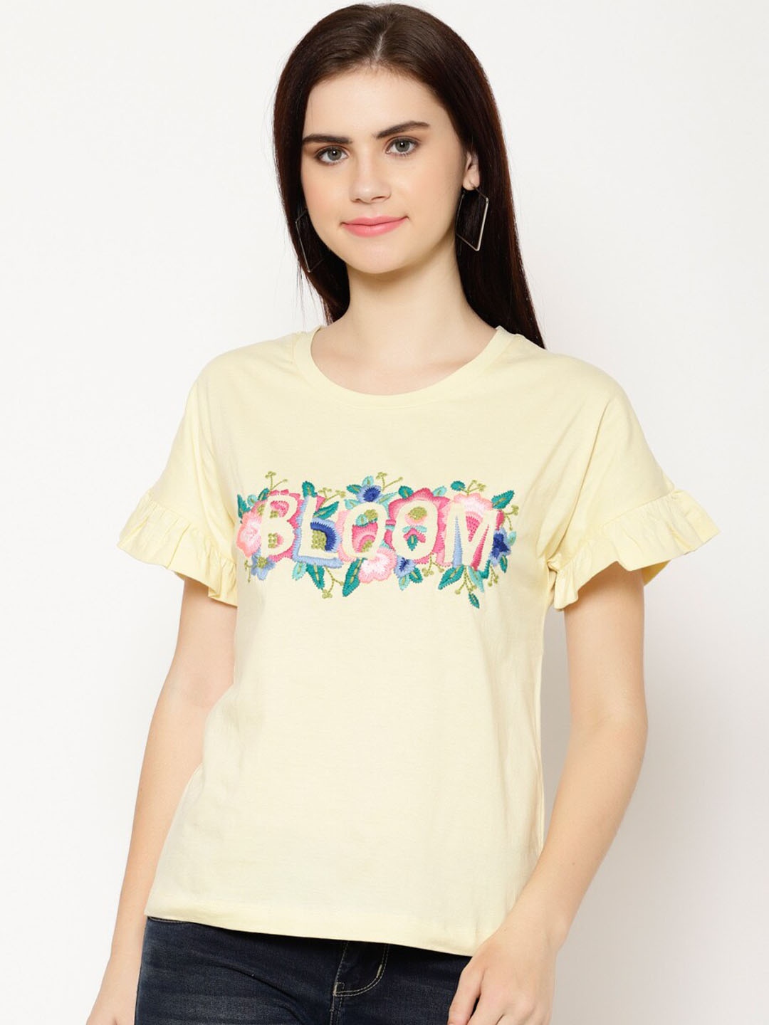 

HOUSE OF KKARMA Women Yellow Embroidered Round Neck T-shirt