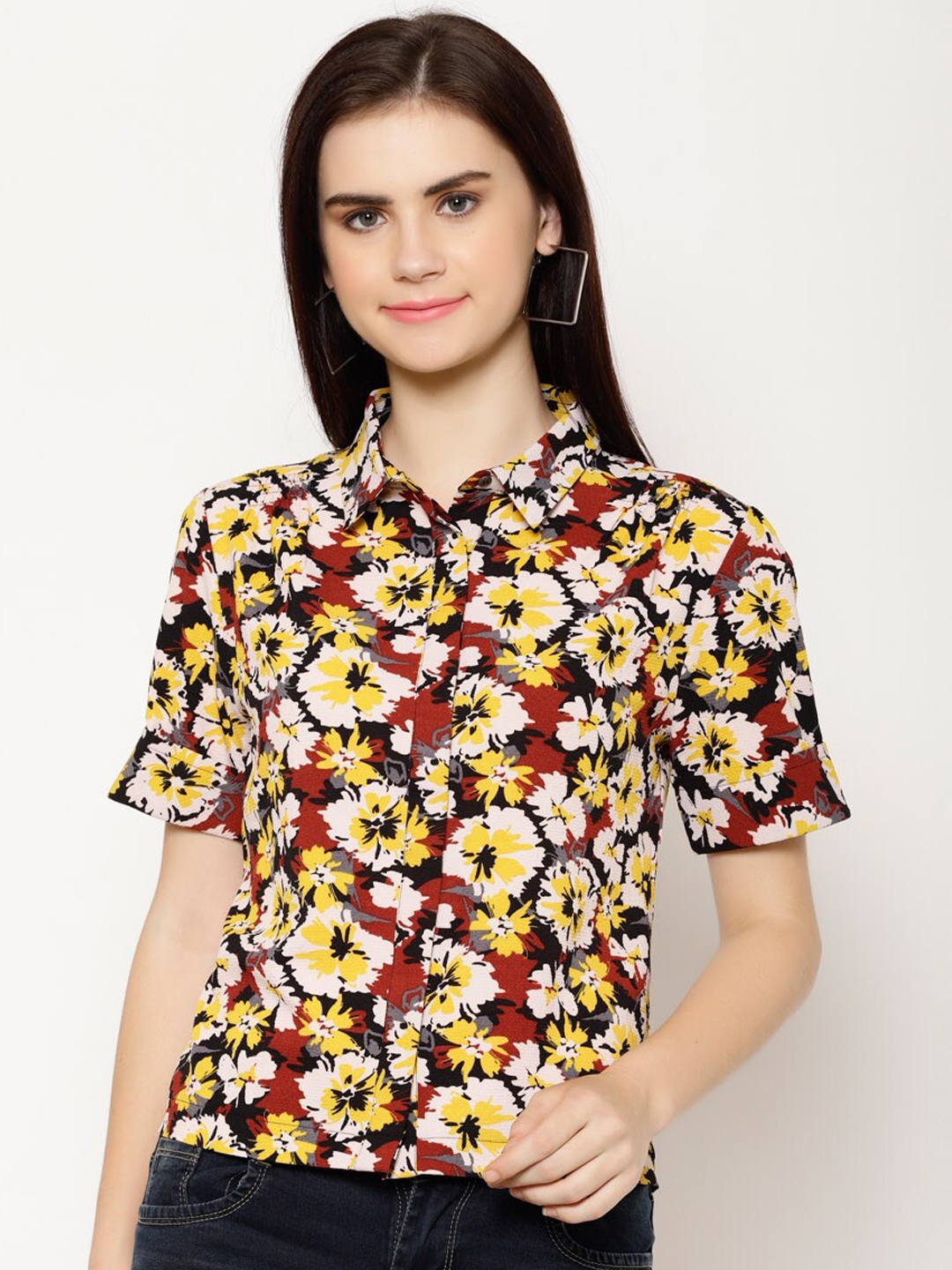 

HOUSE OF KKARMA Women Maroon & Yellow Regular Fit Printed Casual Shirt