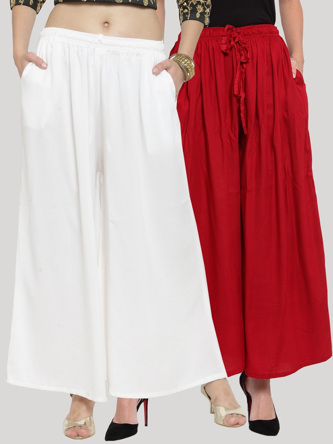 Clora Creation Women Pack Of 2 Maroon & White Solid Wide Leg Palazzos