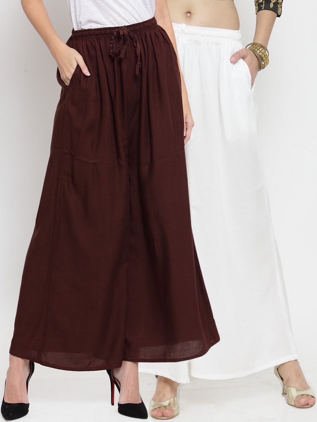 Clora Creation Women Brown & White Pack of 2 Solid Wide Leg Palazzos
