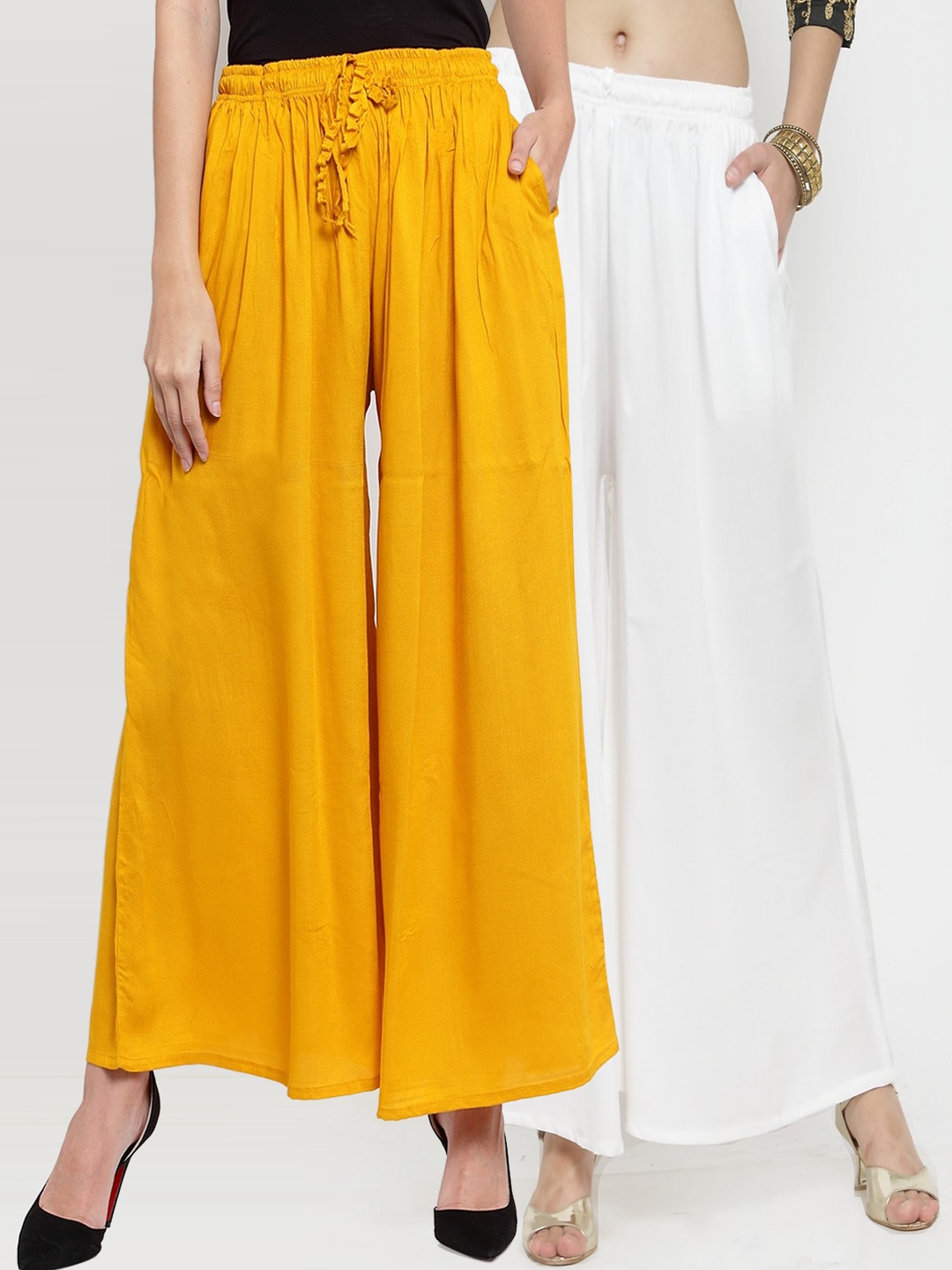 Clora Creation Women Pack Of 2 Yellow & White Solid Wide Leg Palazzos