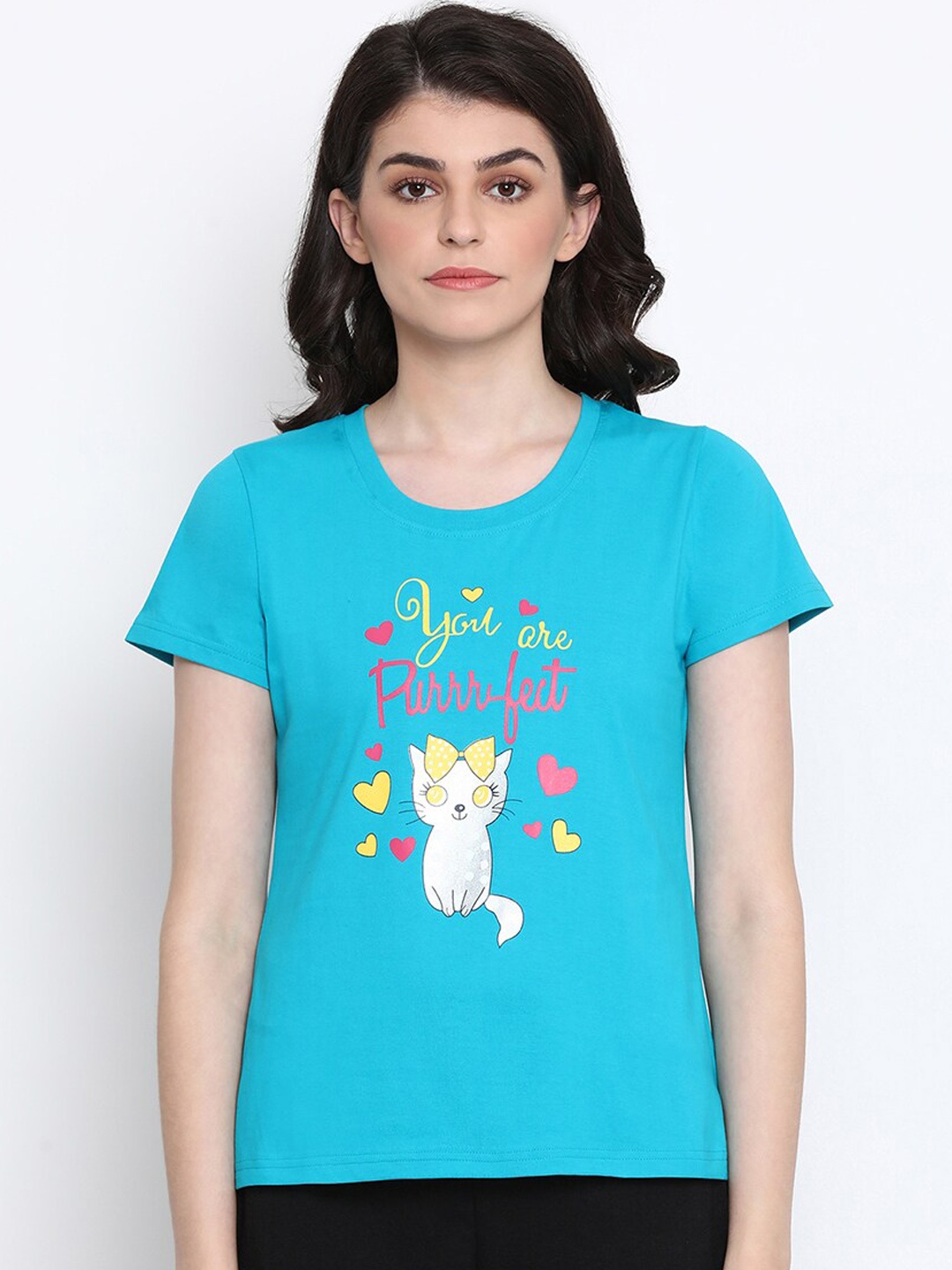 

Clovia Women Blue & Yellow Printed Lounge T-shirt