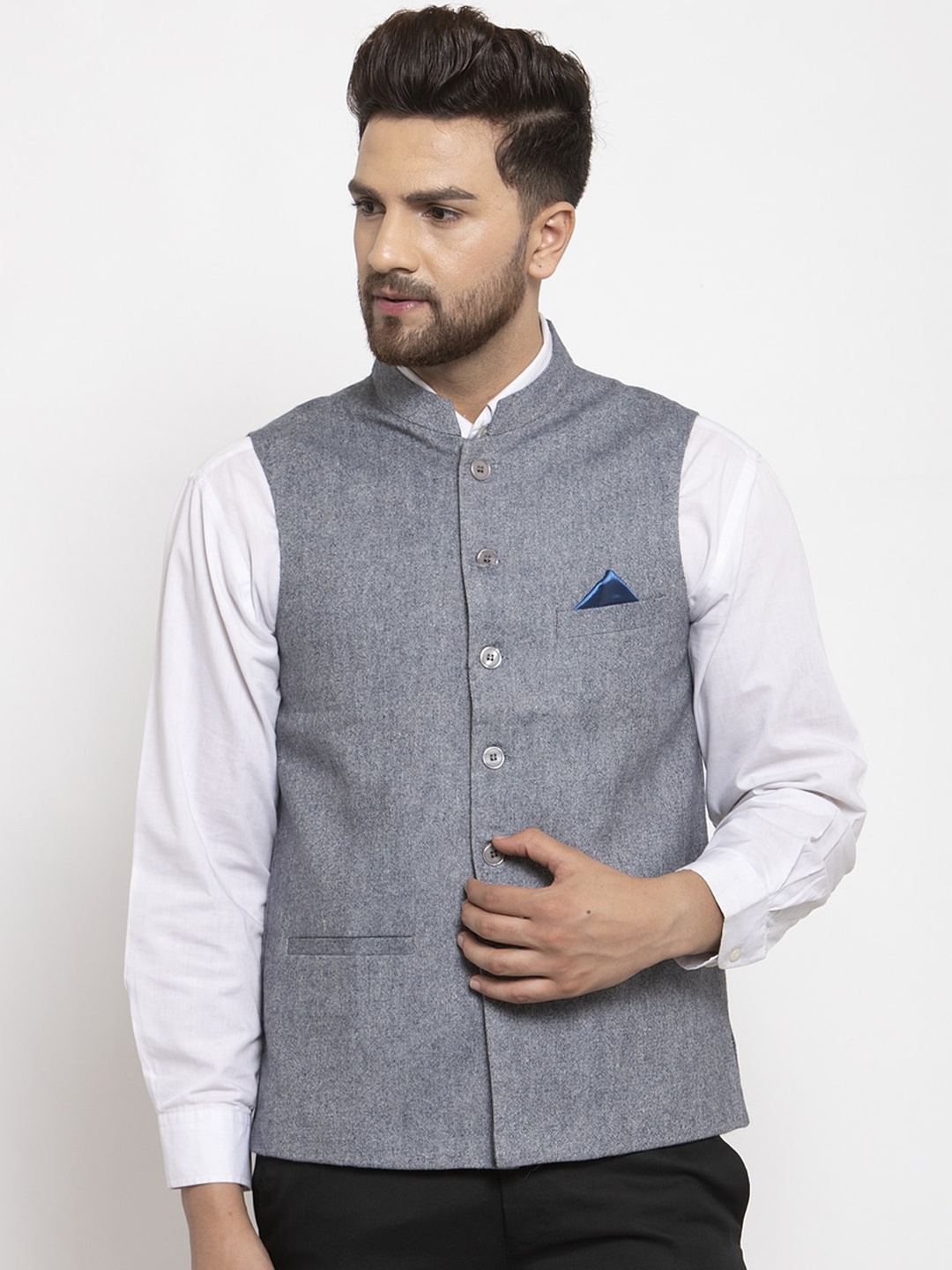 NEUDIS Men Blue Solid Woven Nehru Jacket
