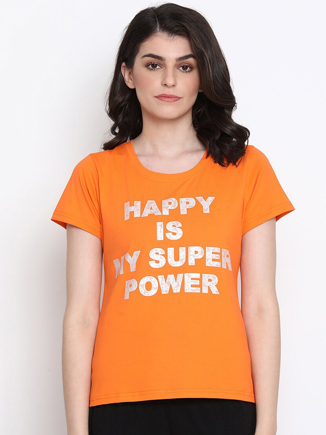 

Clovia Women Orange & White Happy Is My Superpower Printed Lounge T-shirt
