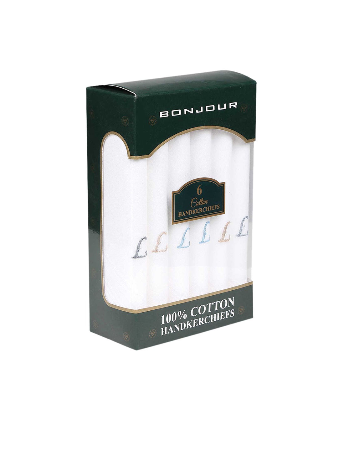 Bonjour Men Pack of 6 White Solid Pure Cotton Handkerchiefs with L Initials