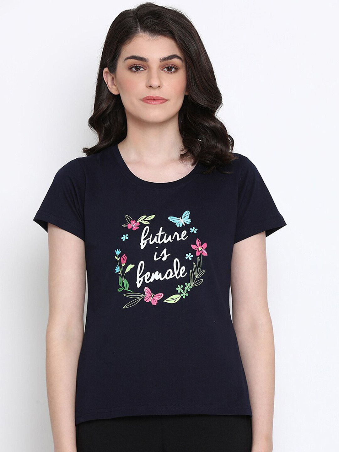 

Clovia Women Navy Blue & White Printed Lounge T-shirt