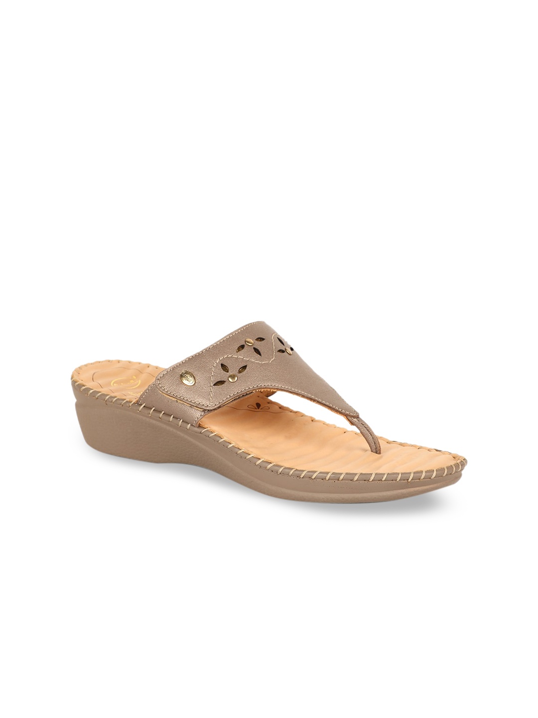 Scholl Women Beige Solid Leather T-Strap Flats