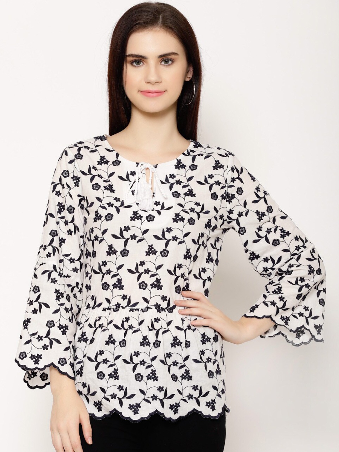 

HOUSE OF KKARMA Women White Embroidered Cinched Waist Pure Cotton Top