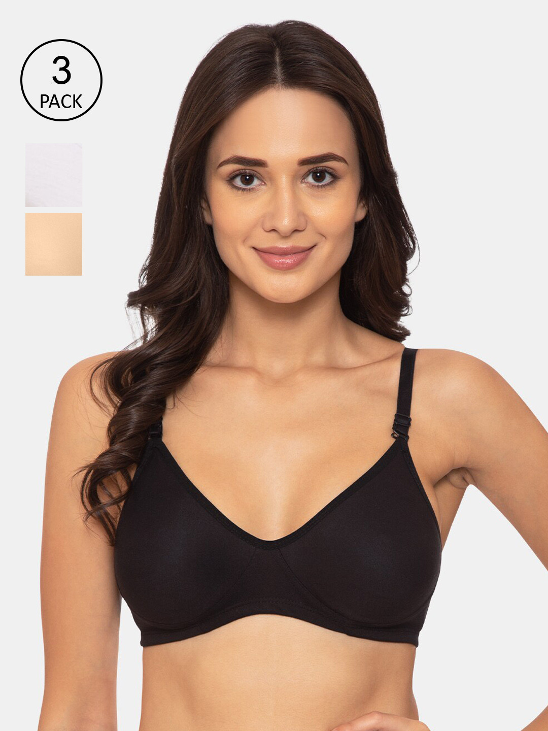 

Souminie Pack Of 3 Solid Non-Wired Non Padded Everyday Bras S-133-BLK-WH-SK-30B, Black