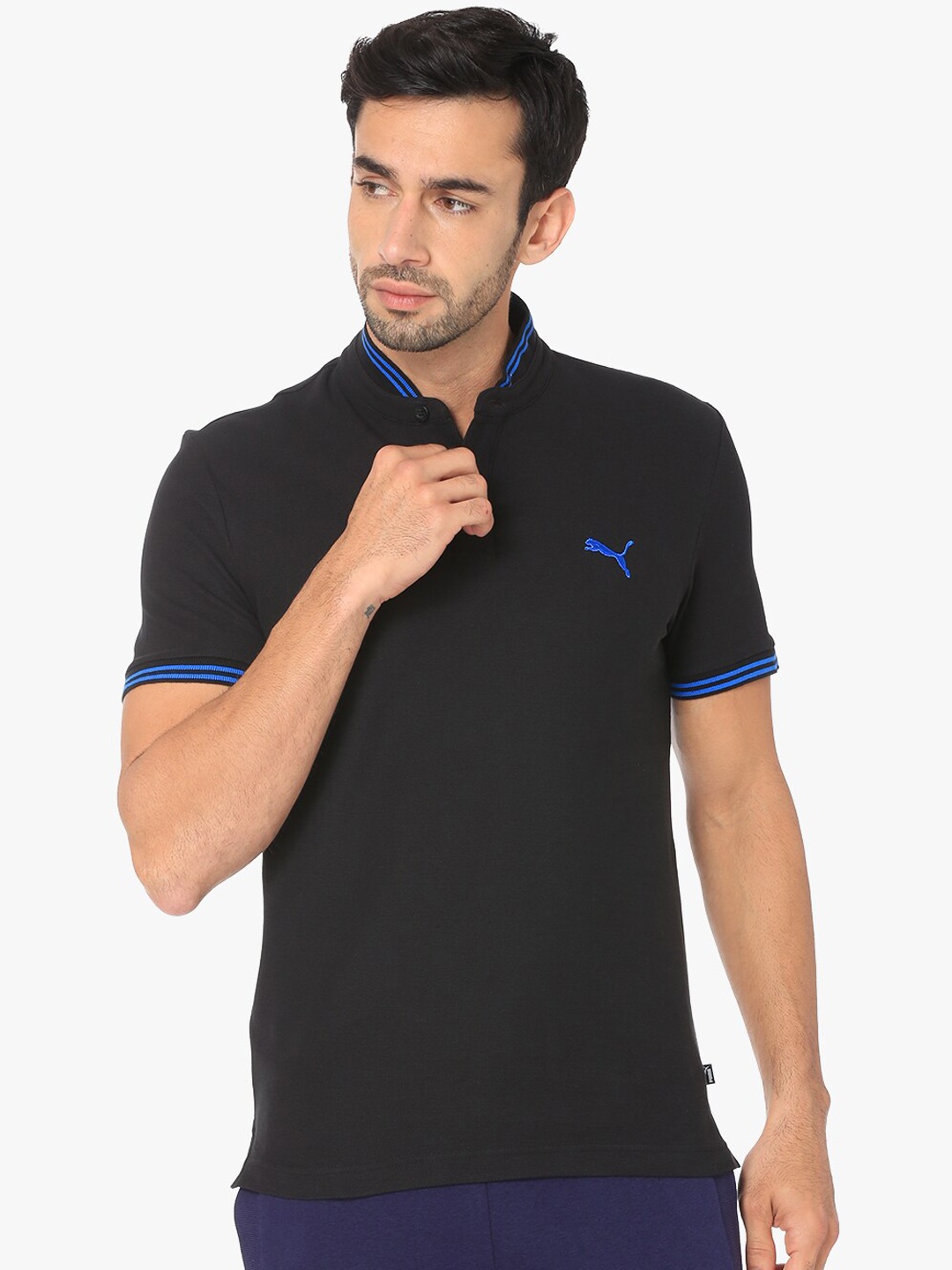 

Puma Men Black Solid Mandarin Collar T-shirt