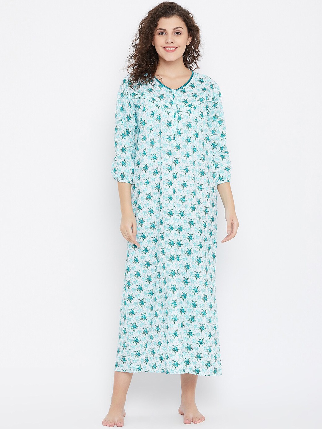 

Clovia White & Sea Green Floral Printed Maternity Nightdress