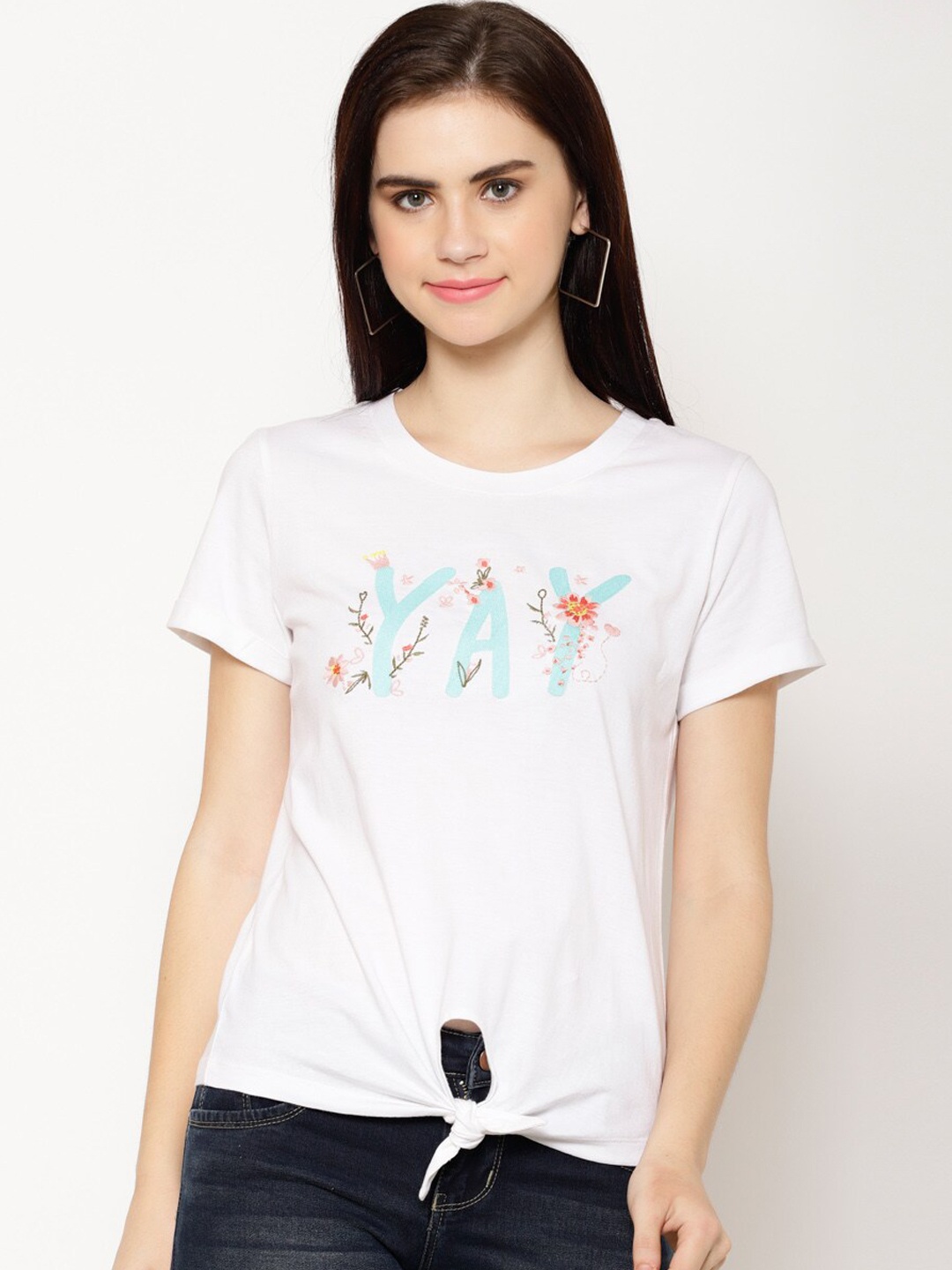 

HOUSE OF KKARMA Women White Embroidered Round Neck T-shirt
