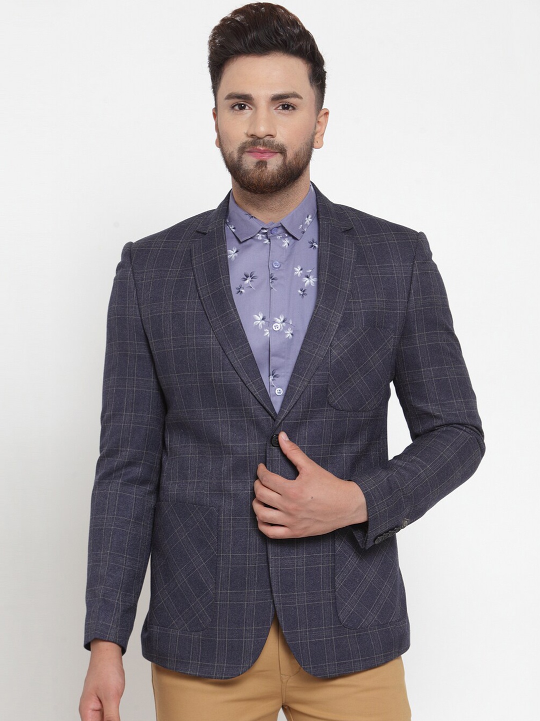 

MAXENCE Men Navy Blue Checked Slim-Fit Single-Breasted Formal Blazer