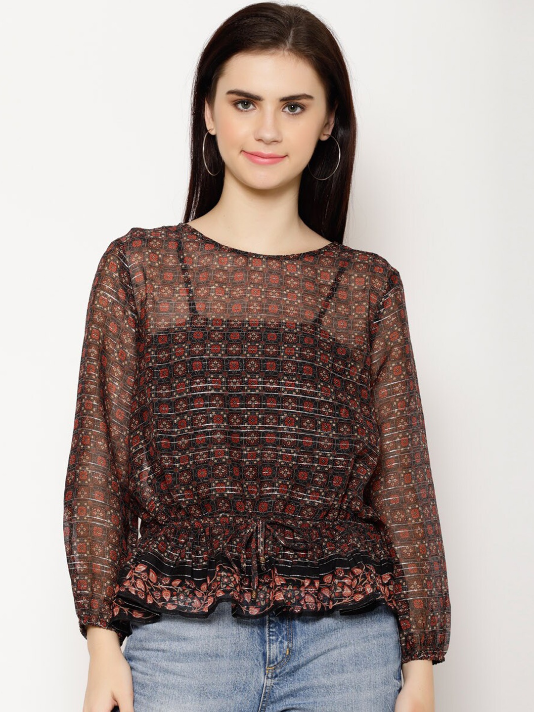 

HOUSE OF KKARMA Women Brown Lurex Print Cinched Waist Top