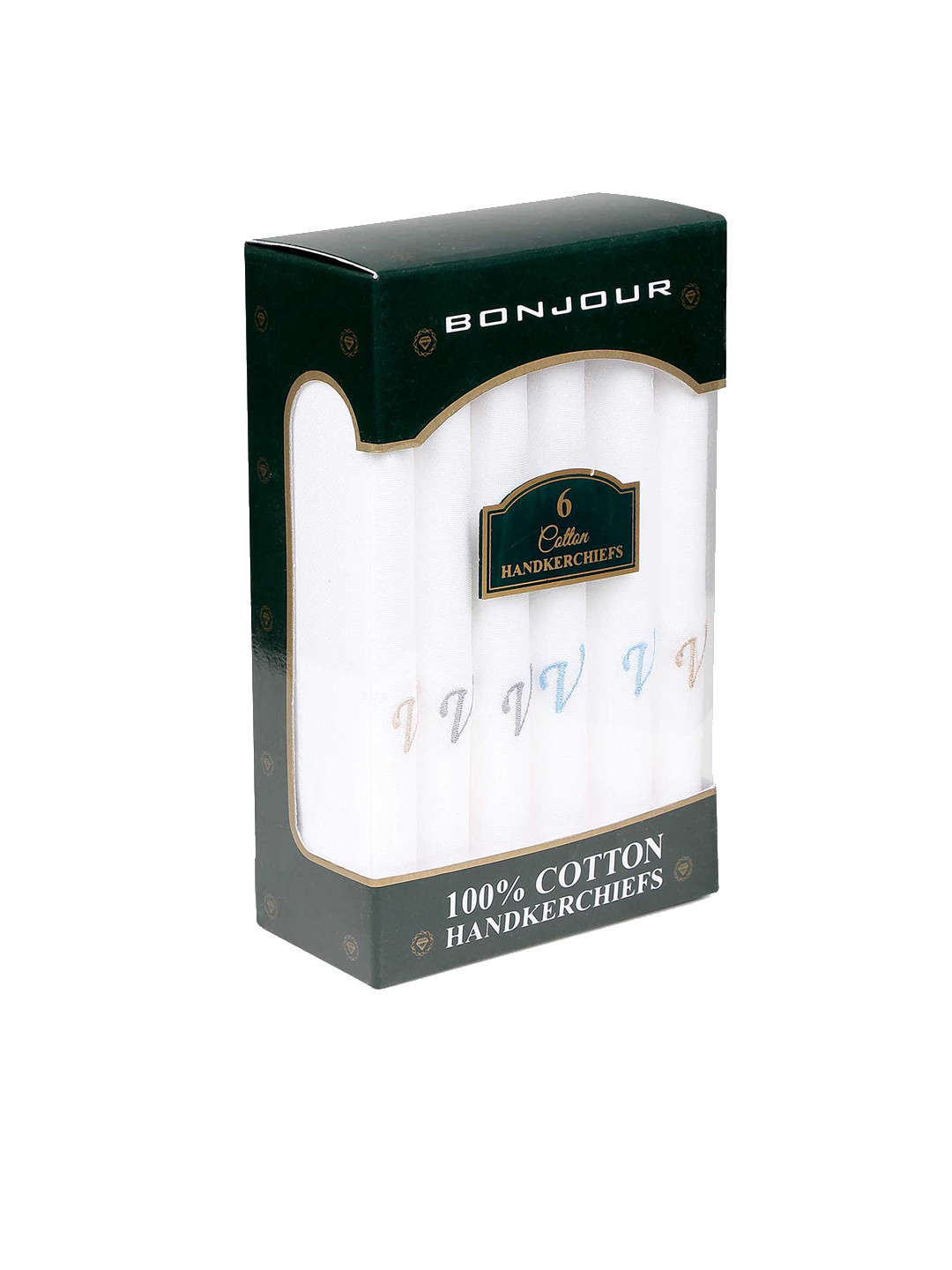 

Bonjour Men Set Of 6 White Solid Handkerchiefs with V Initial