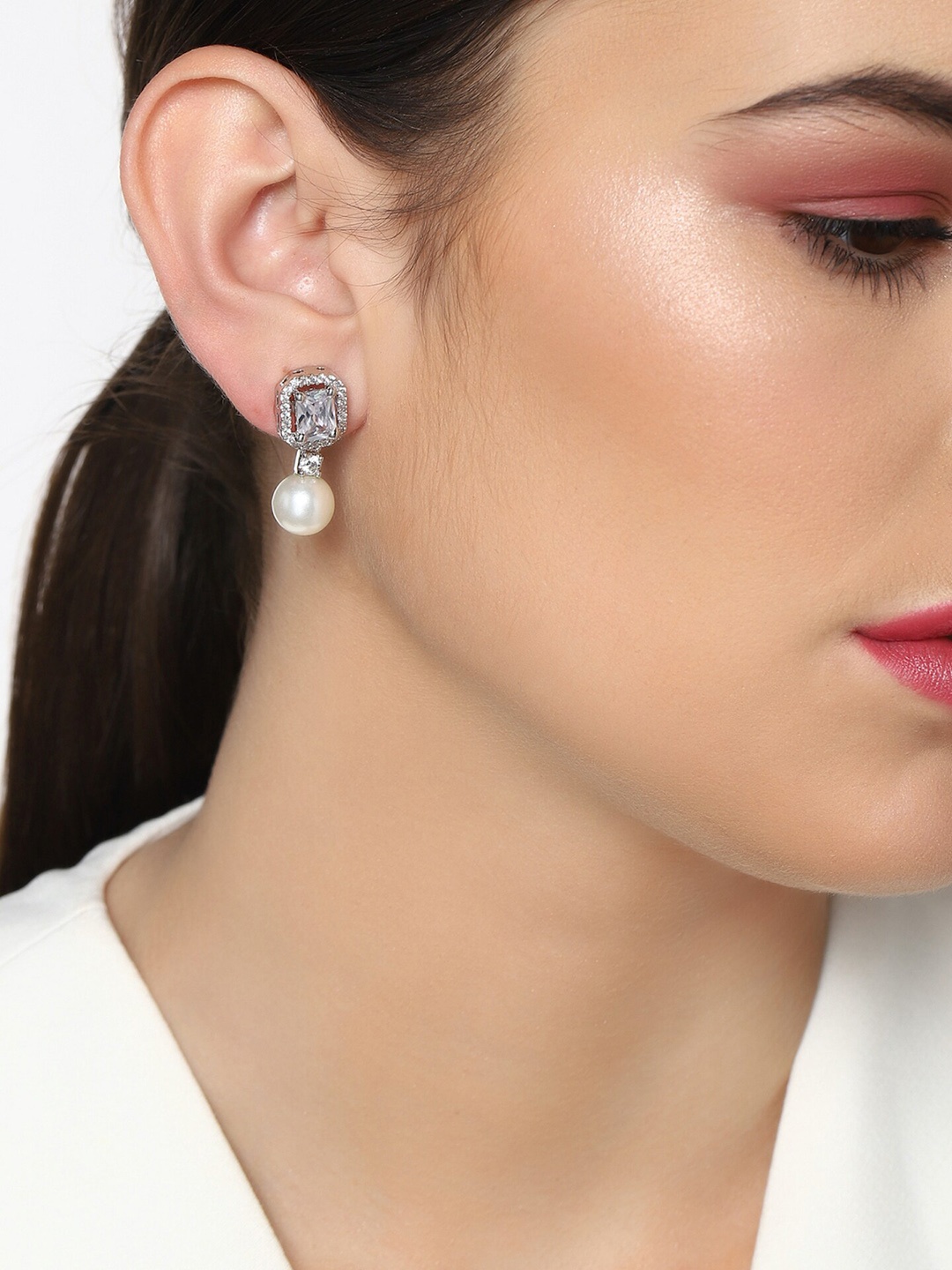 

Estele Silver-Toned Rhodium-Plated CZ American Diamond Studded Contemporary Drop Earrings, White