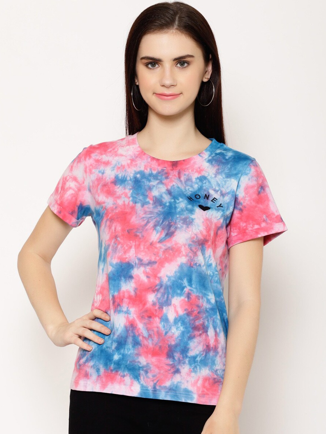 

HOUSE OF KKARMA Women Pink & Blue Tie & Dye Print Round Neck T-shirt