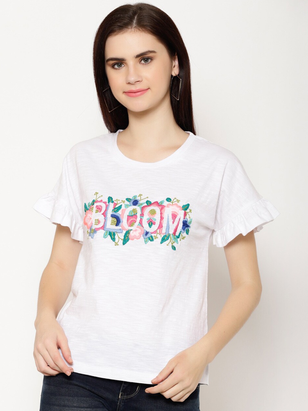 

HOUSE OF KKARMA Women White Embroidered Round Neck T-shirt