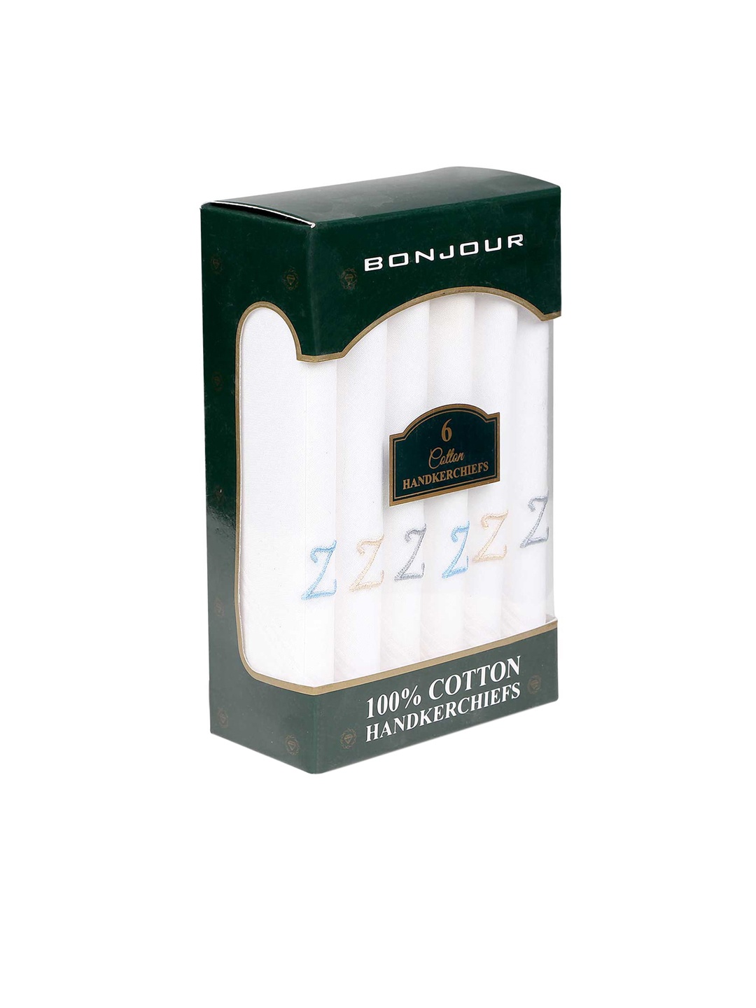 Bonjour Men Set Of 6 White Solid Handkerchiefs with Z Initials