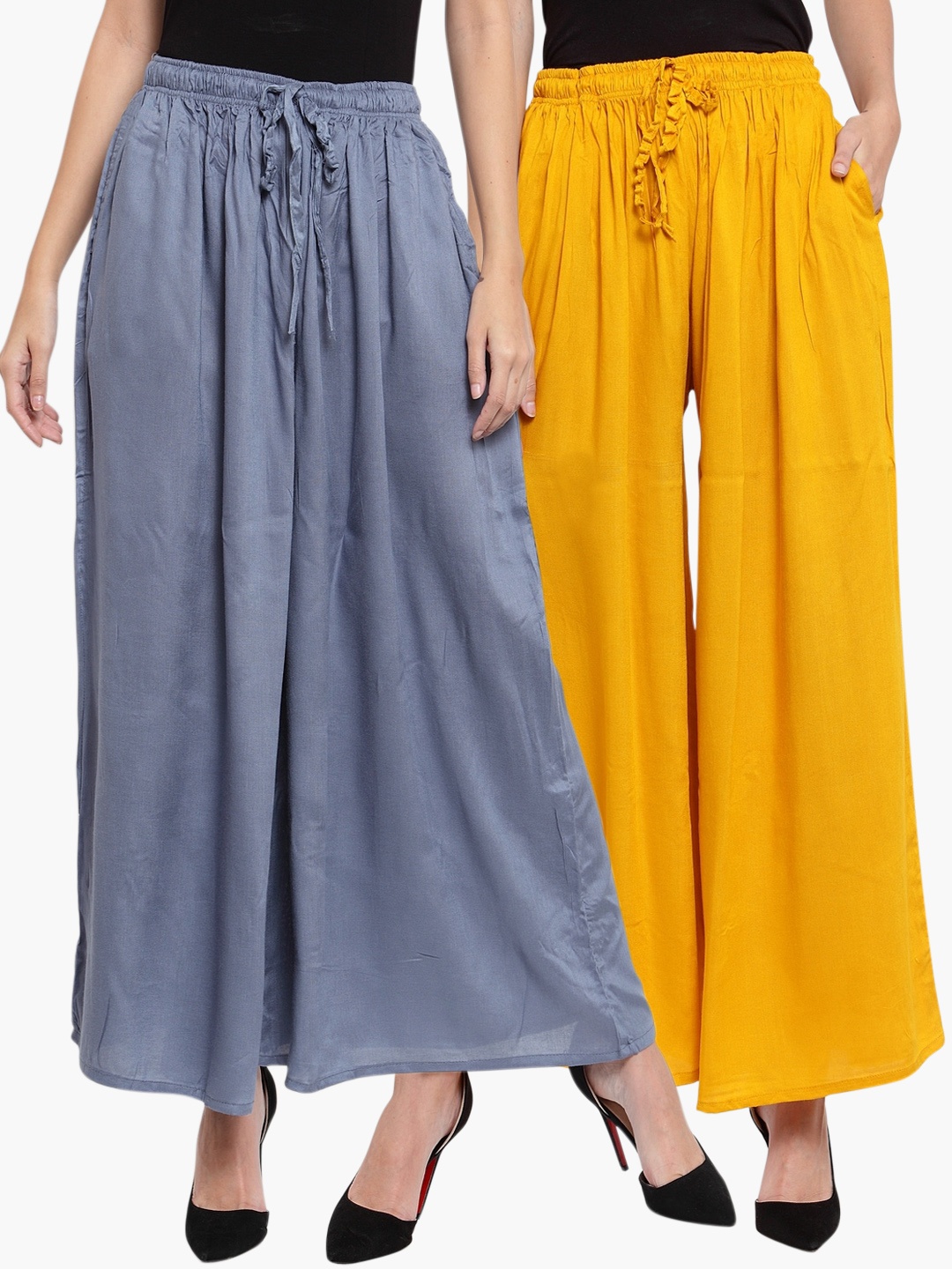 

Clora Creation Women Pack of 2 Grey & Mustard Yellow Solid Wide Leg Palazzos