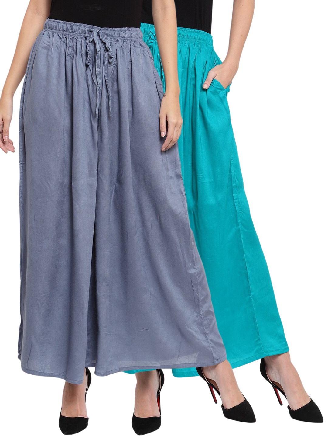 Clora Creation Women Pack Of 2 Solid Wide Leg Palazzos, Grey