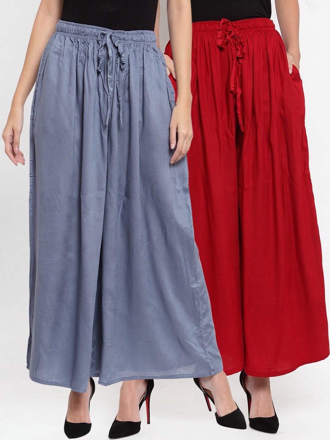 Clora Creation Women Pack Of 2 Grey & Maroon Solid Wide Leg Palazzos