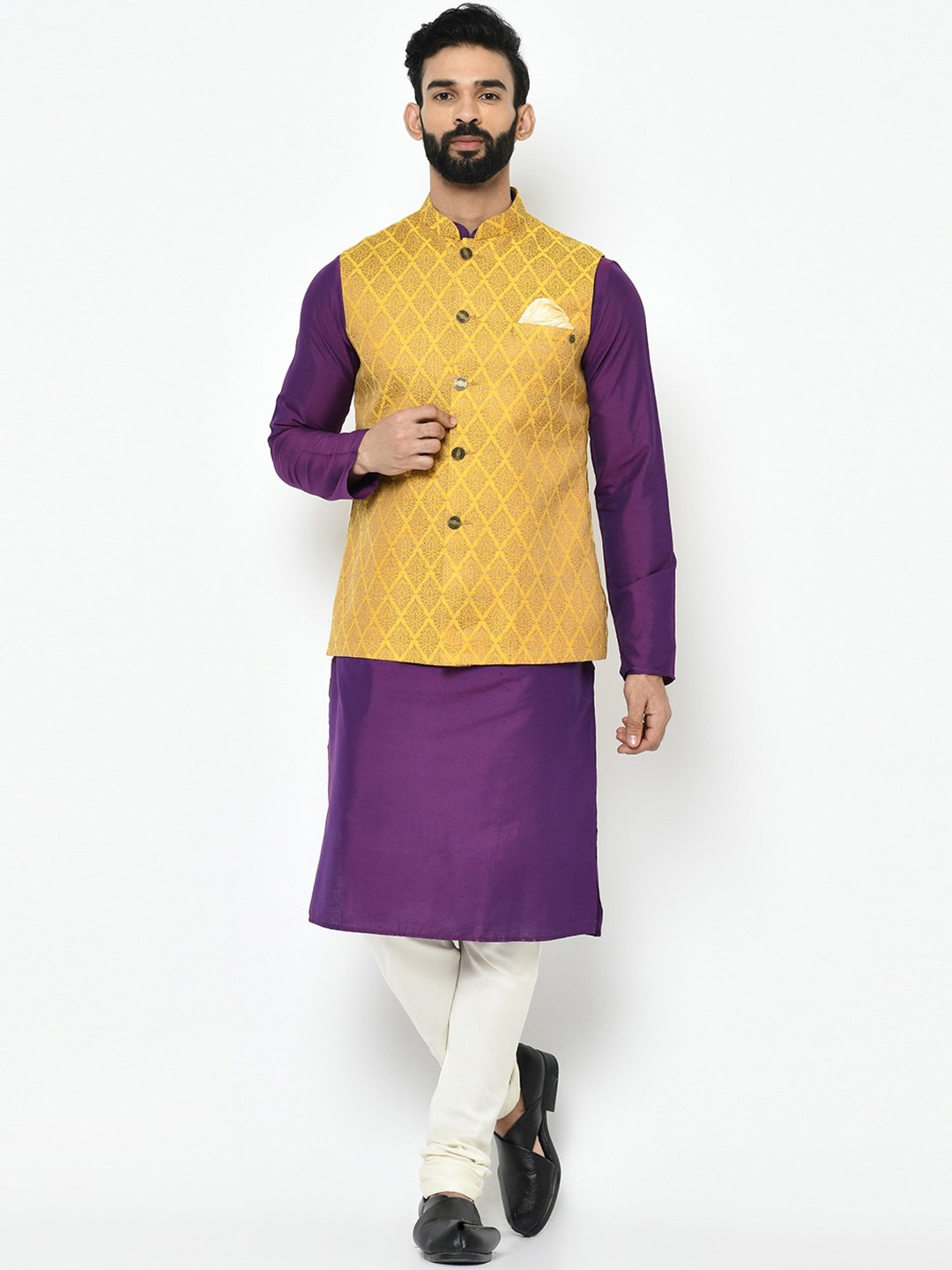 

KISAH Men Purple & Off-White Solid Kurta with Churidar & Nehru Jacket