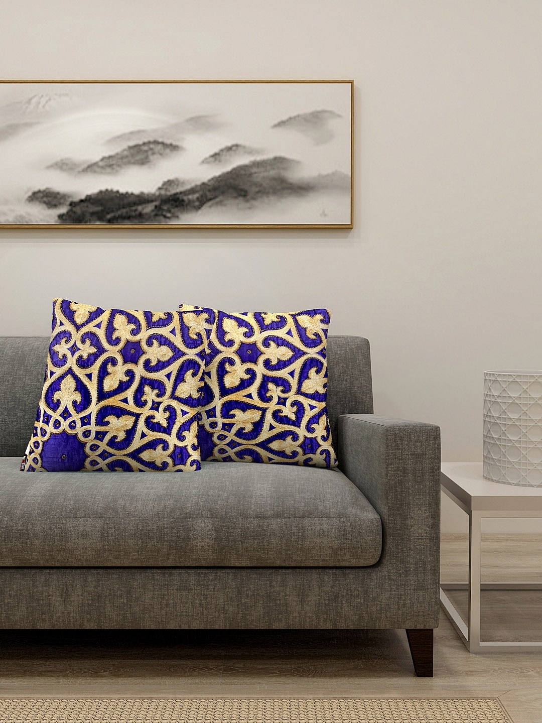 

KLOTTHE Set Of 2 Navy Blue & Gold-Coloured Embroidered Cotton Silk Cushions