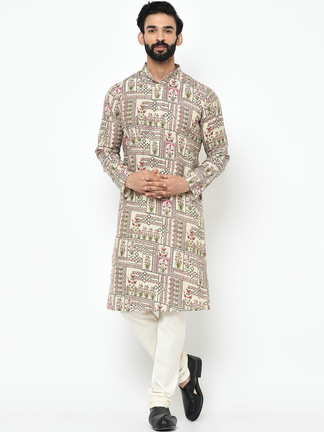 

KISAH Men Cream-Coloured & Pink Printed Kurta with Churidar