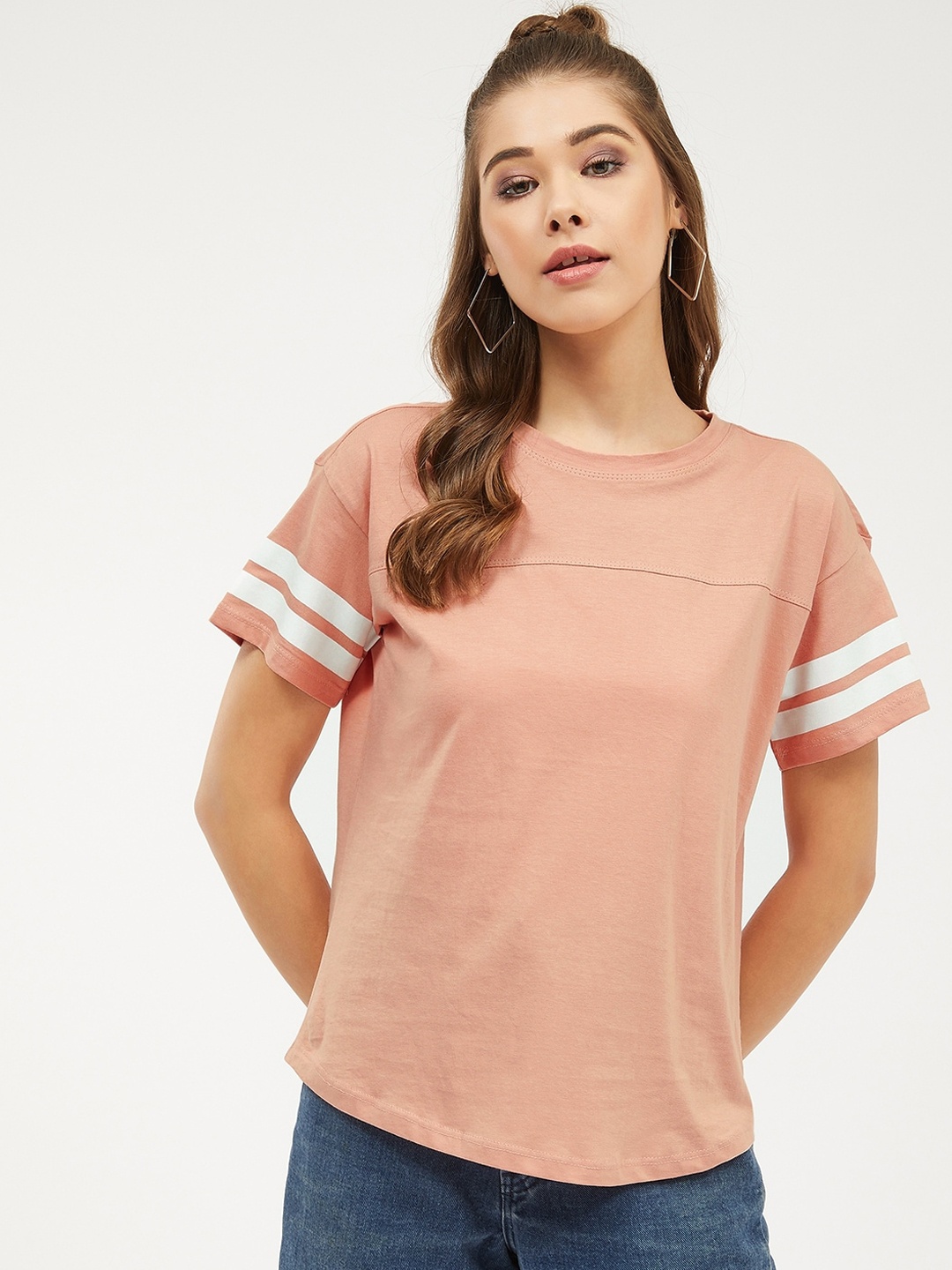

Harpa Women Peach-Coloured White Striped Round Neck Pure Cotton T-shirt
