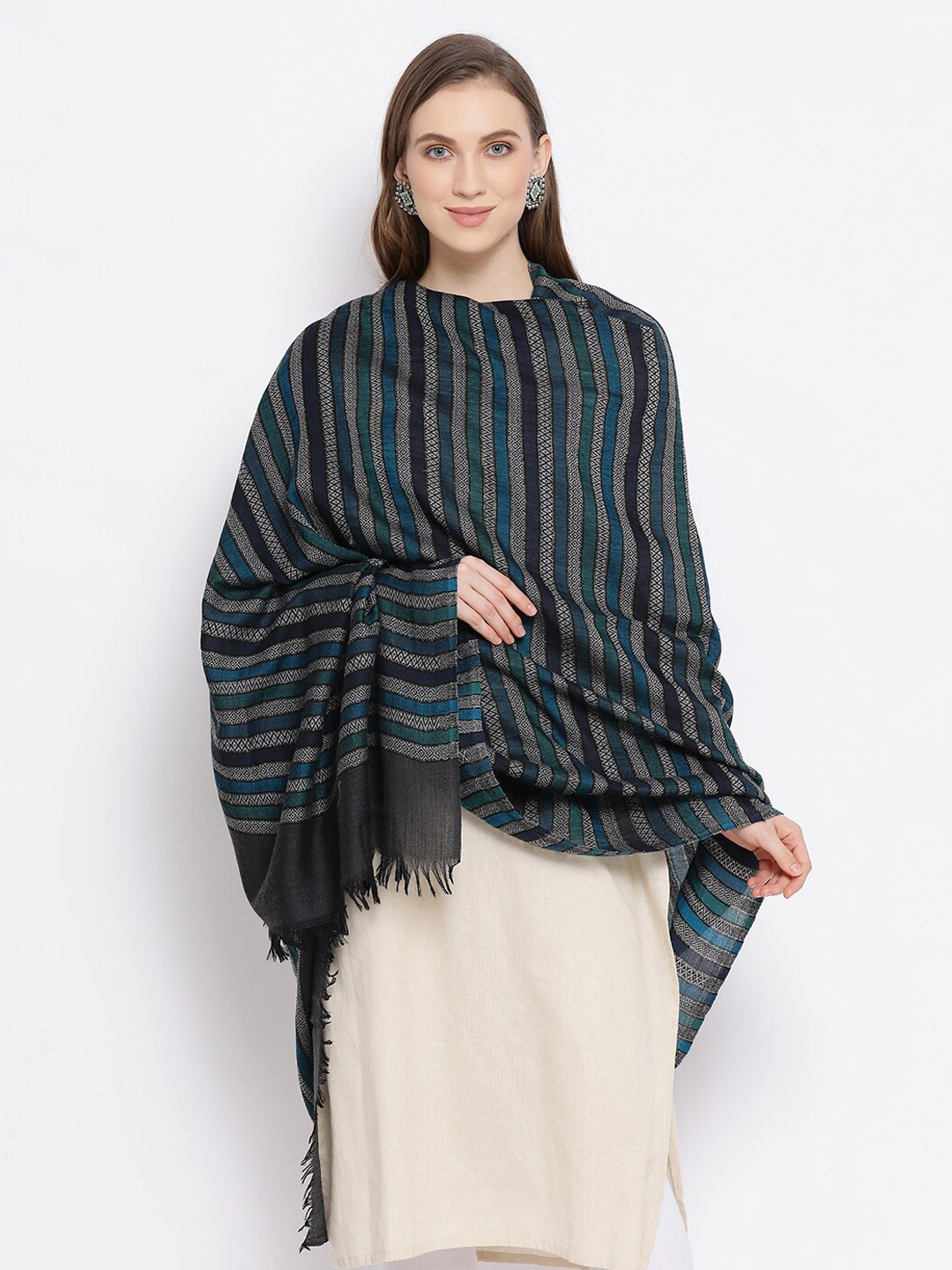 SHINGORA Women Blue & Grey Self-Striped Shawl