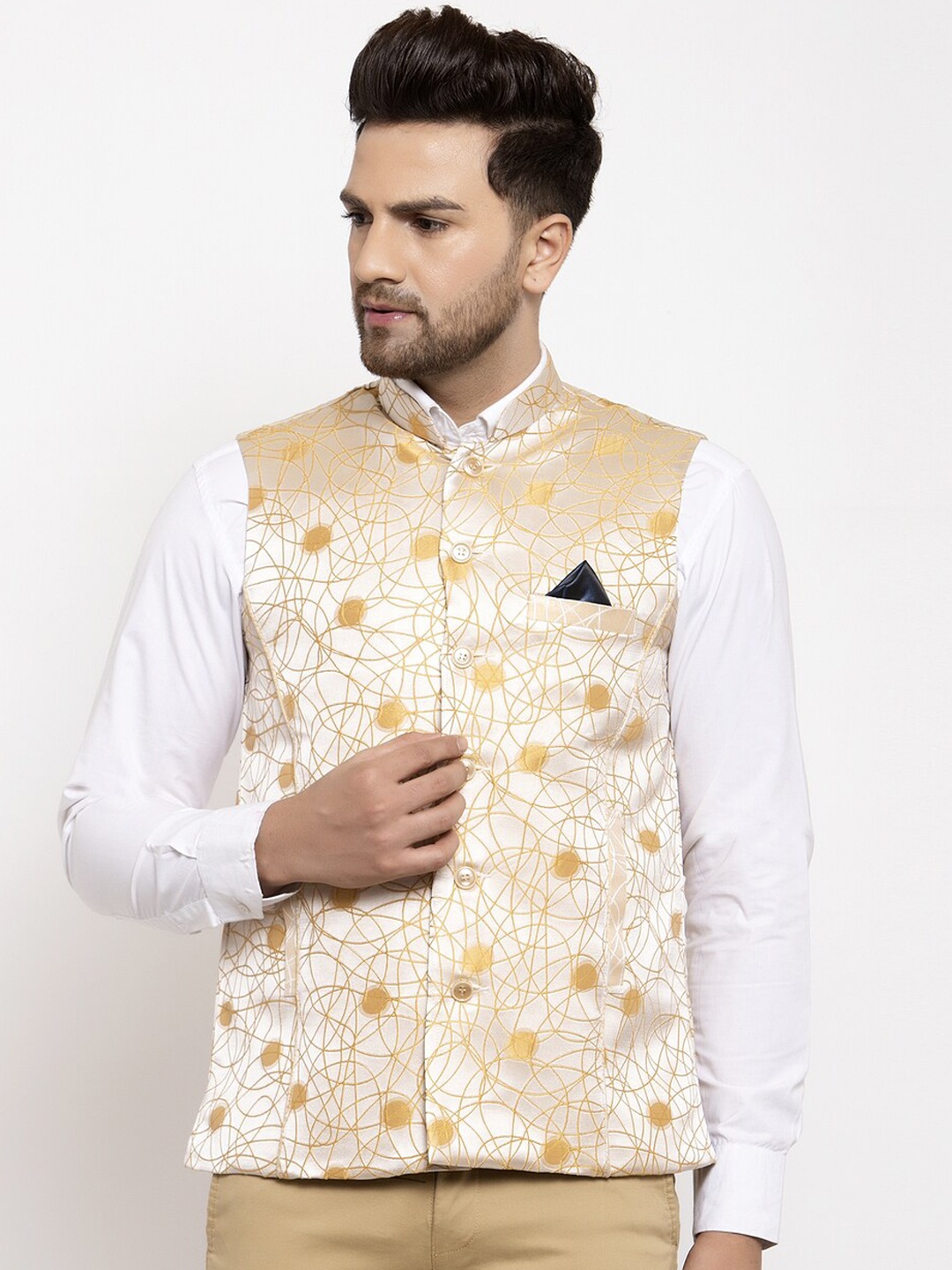 

KLOTTHE Men Off-White & Beige Woven Design Nehru Jacket