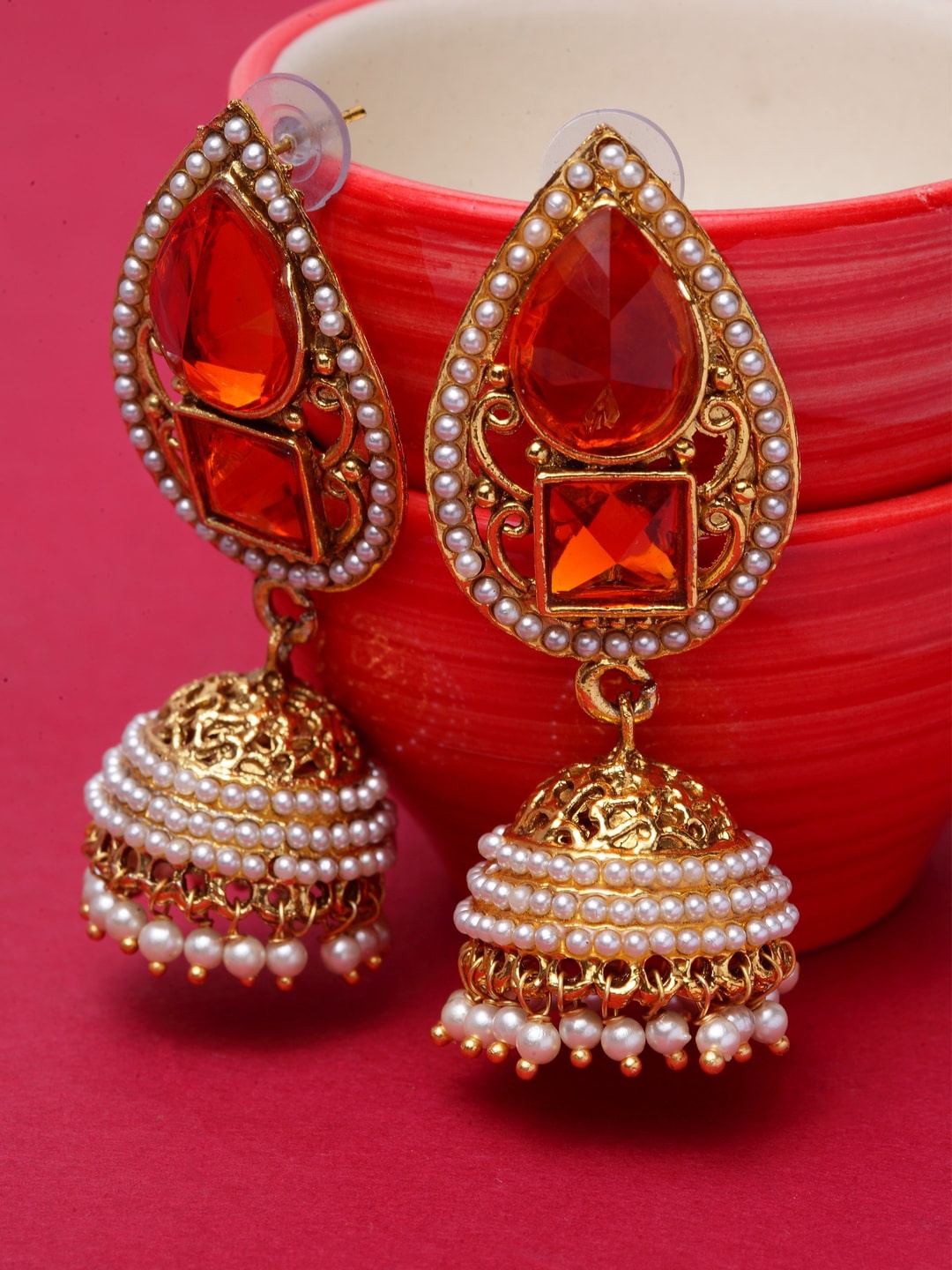 

ANIKAS CREATION Gold-Plated & Orange Dome Shaped Jhumkas
