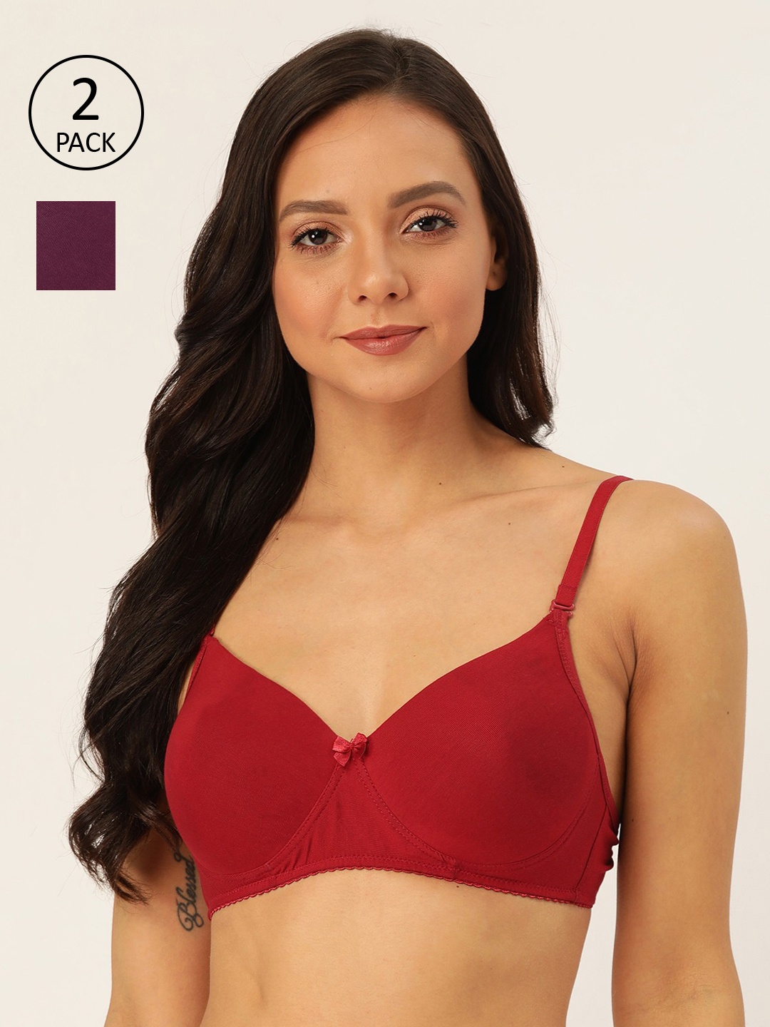 

Lady Lyka Pack Of 2 Solid Non-Wired Lightly Padded T-shirt Bra WHITE-ROSE-MRN-PPL-Multi, Maroon