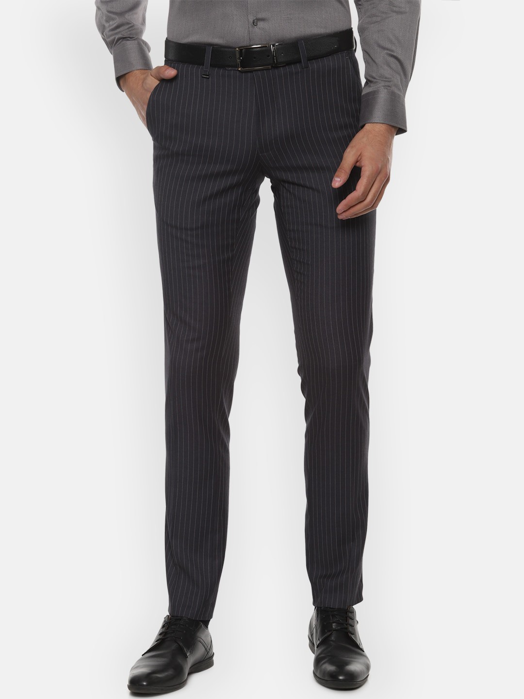 

Van Heusen Men Black Slim Fit Striped Formal Trousers