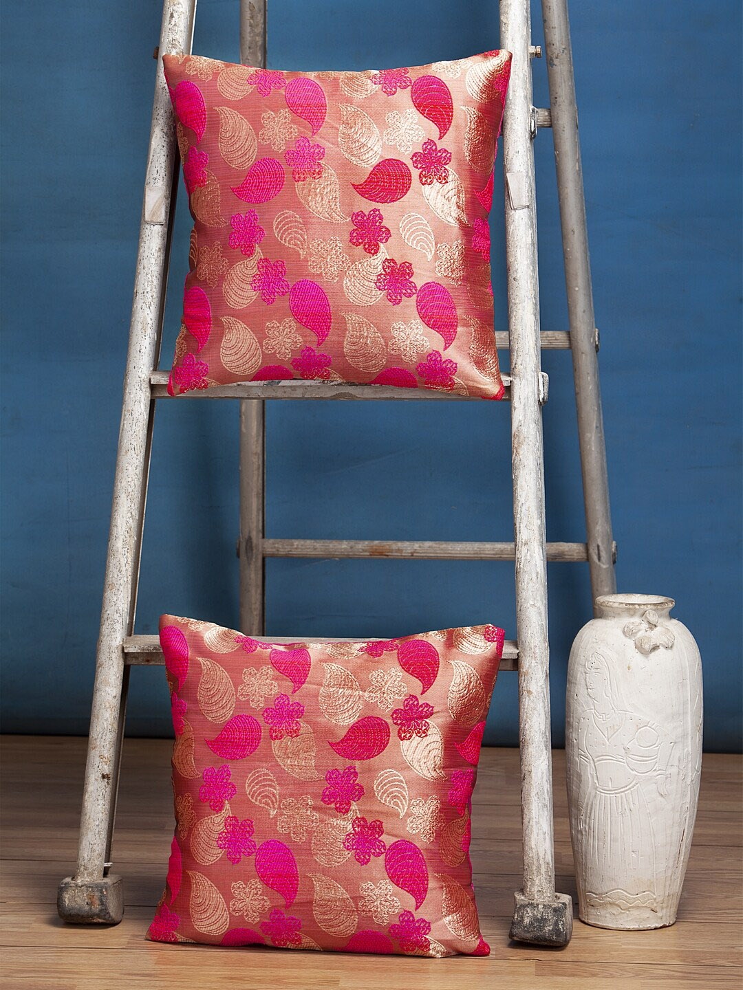 Alina decor Pink & Beige Set of 2 Embroidered Square Cushion Covers