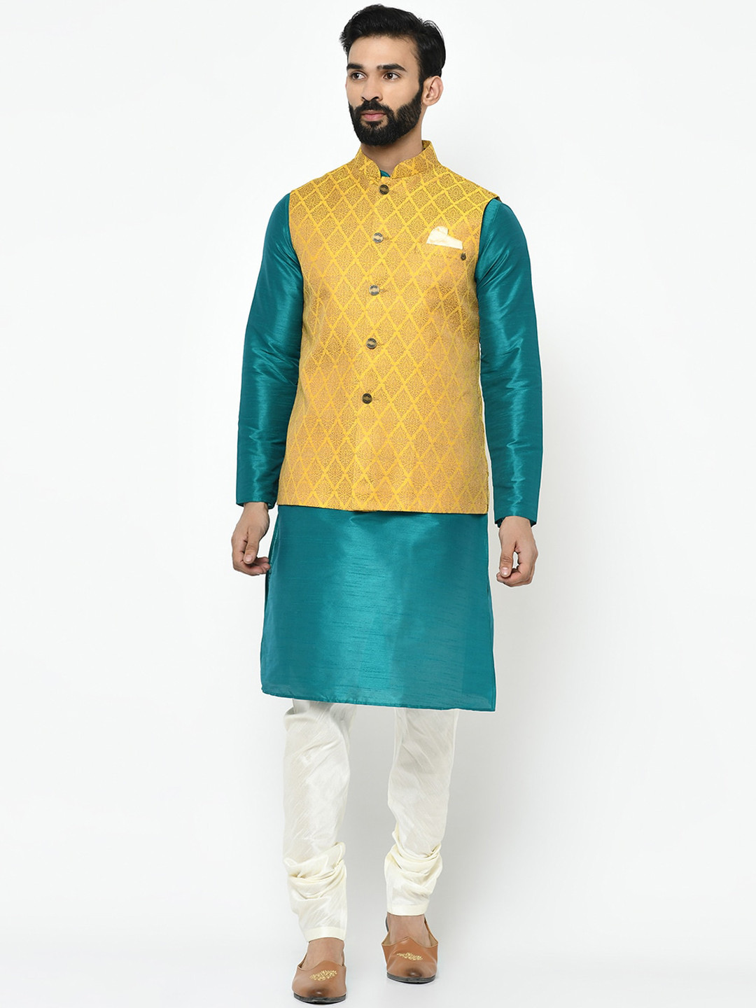 

KISAH Men Teal Green & Gold-Toned Solid Kurta Set with Nehru Jacket