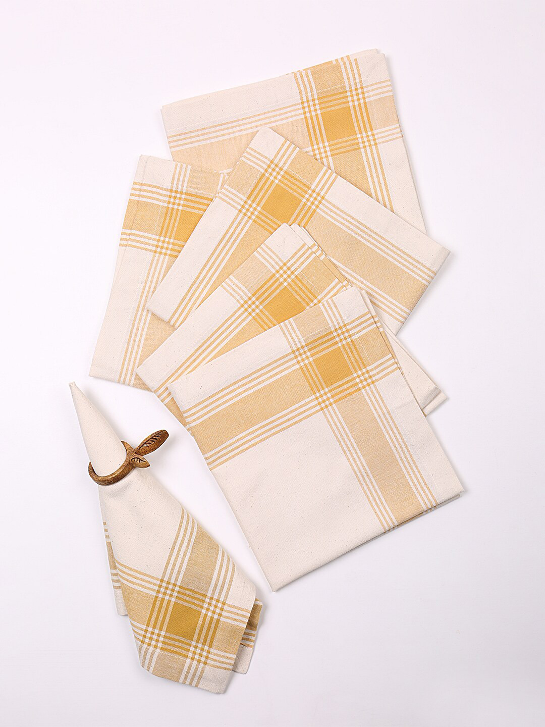 

ellementry Mustard Yellow & Off-White Set of 6 Striped Border Table Napkins