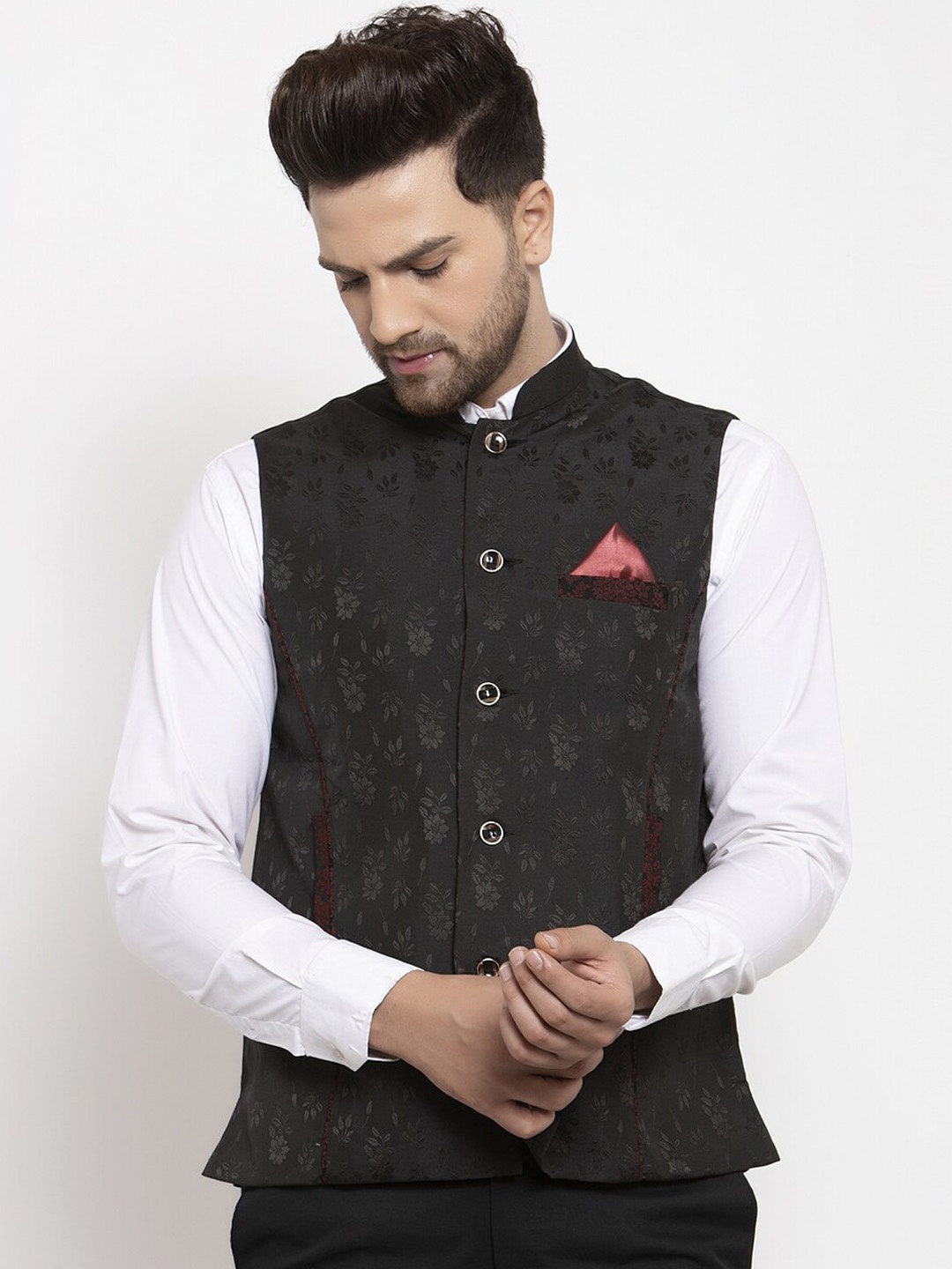 

KLOTTHE Men Black Self Design Nehru Jacket