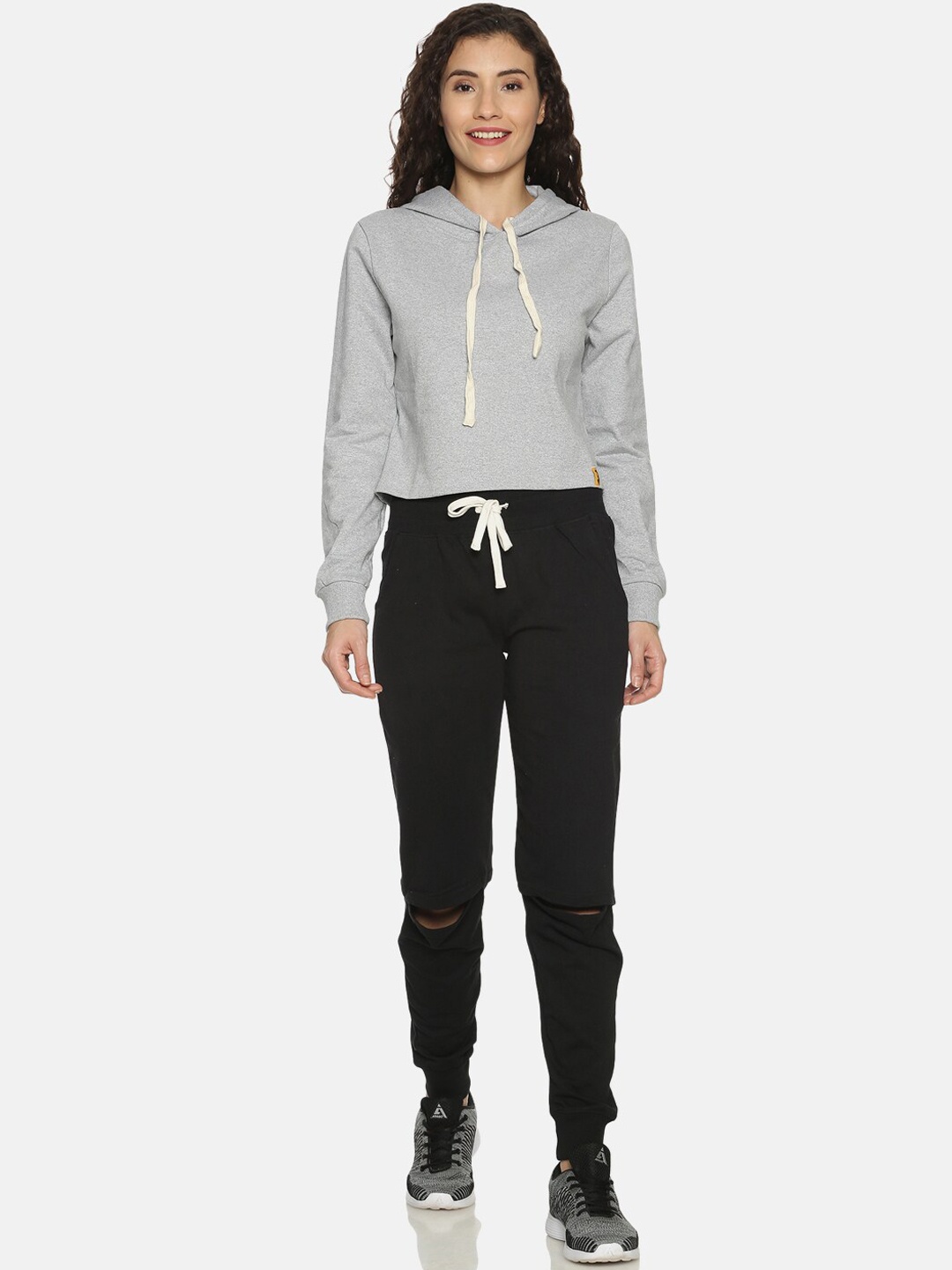 

Campus Sutra Women Grey & Black Solid Hooded Tracksuit