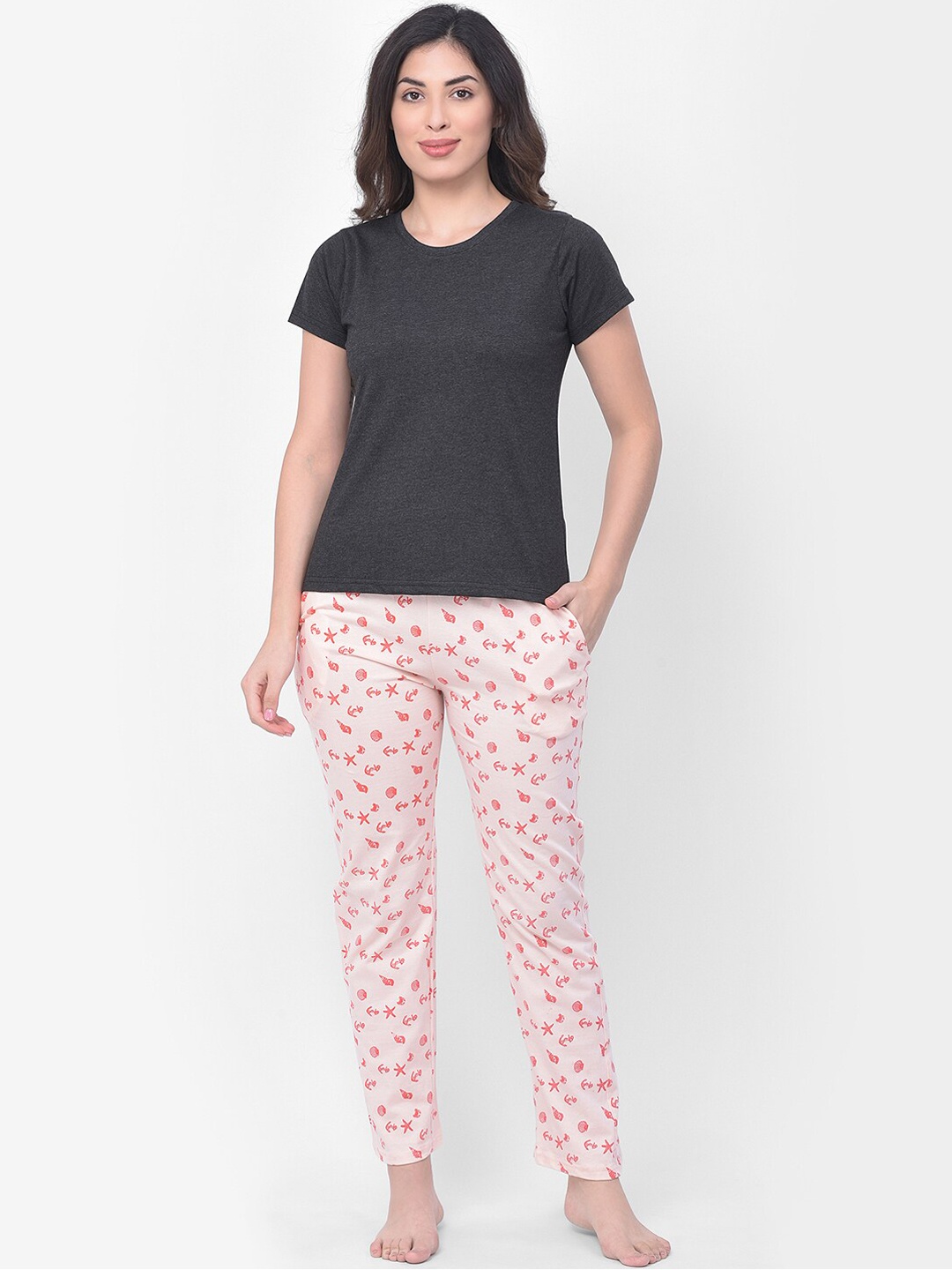 Clovia Women Charcoal Grey & Pink Night Suit