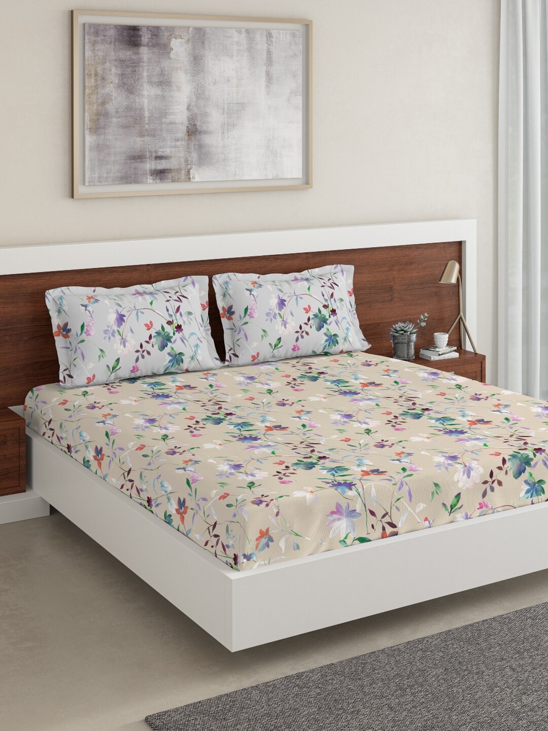DDecor Beige & Blue Floral 144 TC Cotton 1 King Bedsheet with 2 Pillow Covers