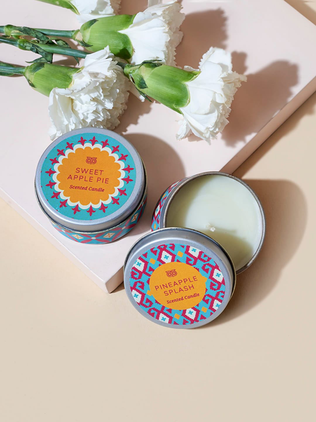 

Chumbak Set Of 2 Blue & Red Printed Mini Tin Candles LIT Sustainable Evenings Gift Boxes
