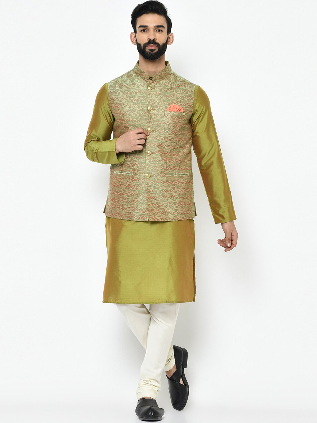 

KISAH Men Fluorescent Green & White Solid Kurta with Pyjamas & Nehru Jacket Set