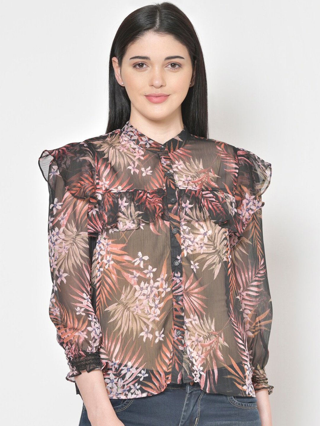 

Cation Black Floral Printed Ruffled Semi Sheer Shirt Style Top