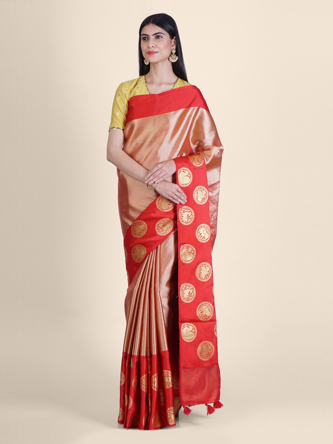 

Hastakala Red & Gold-Toned Tissue Woven Design Banarasi Saree